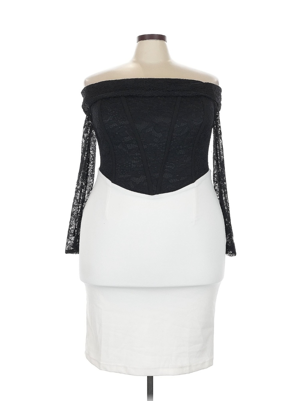 New York & Company Black Lace Off-Shoulder Bodice with White Pencil Skirt Dress